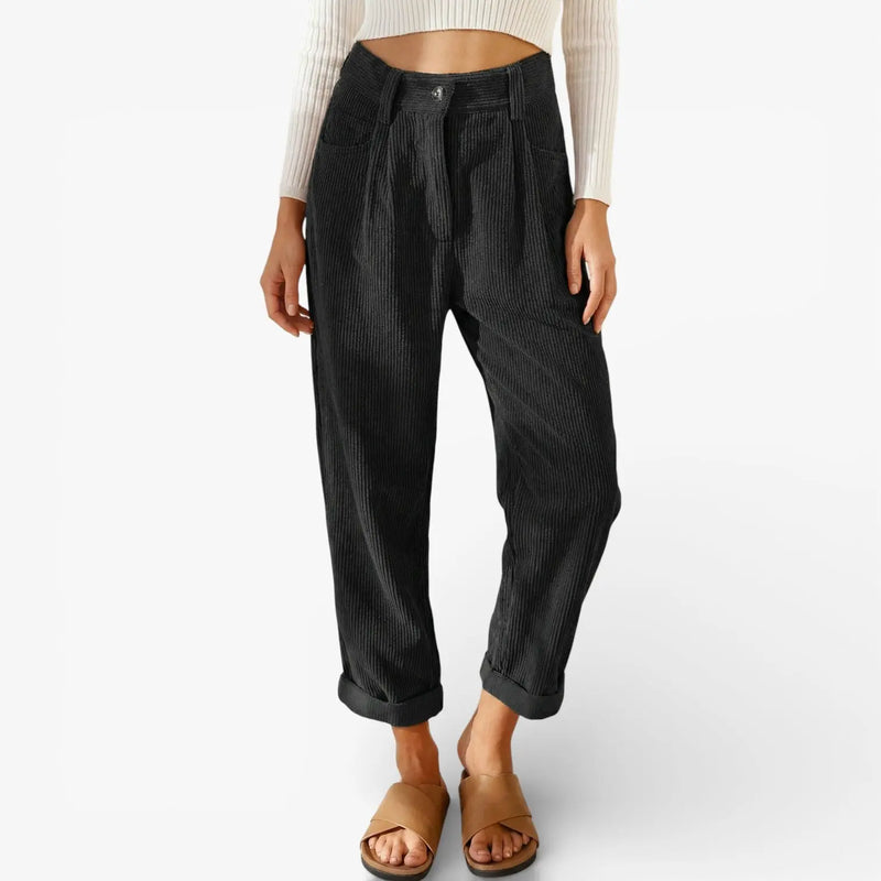 Vesna Pantalon en Velours Côtelé, Taille Haute, Jambe Large, Coupe Décontractée pour Femme - Noir