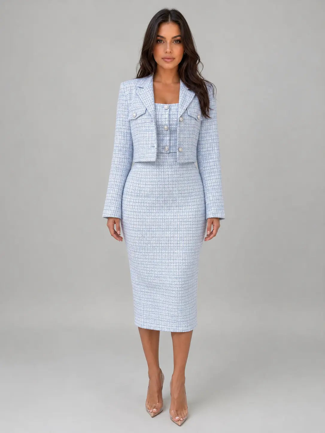 Lior Ensemble Deux Pièces Robe Midi en Tweed et Blazer Court pour Femme - Bleu Clair