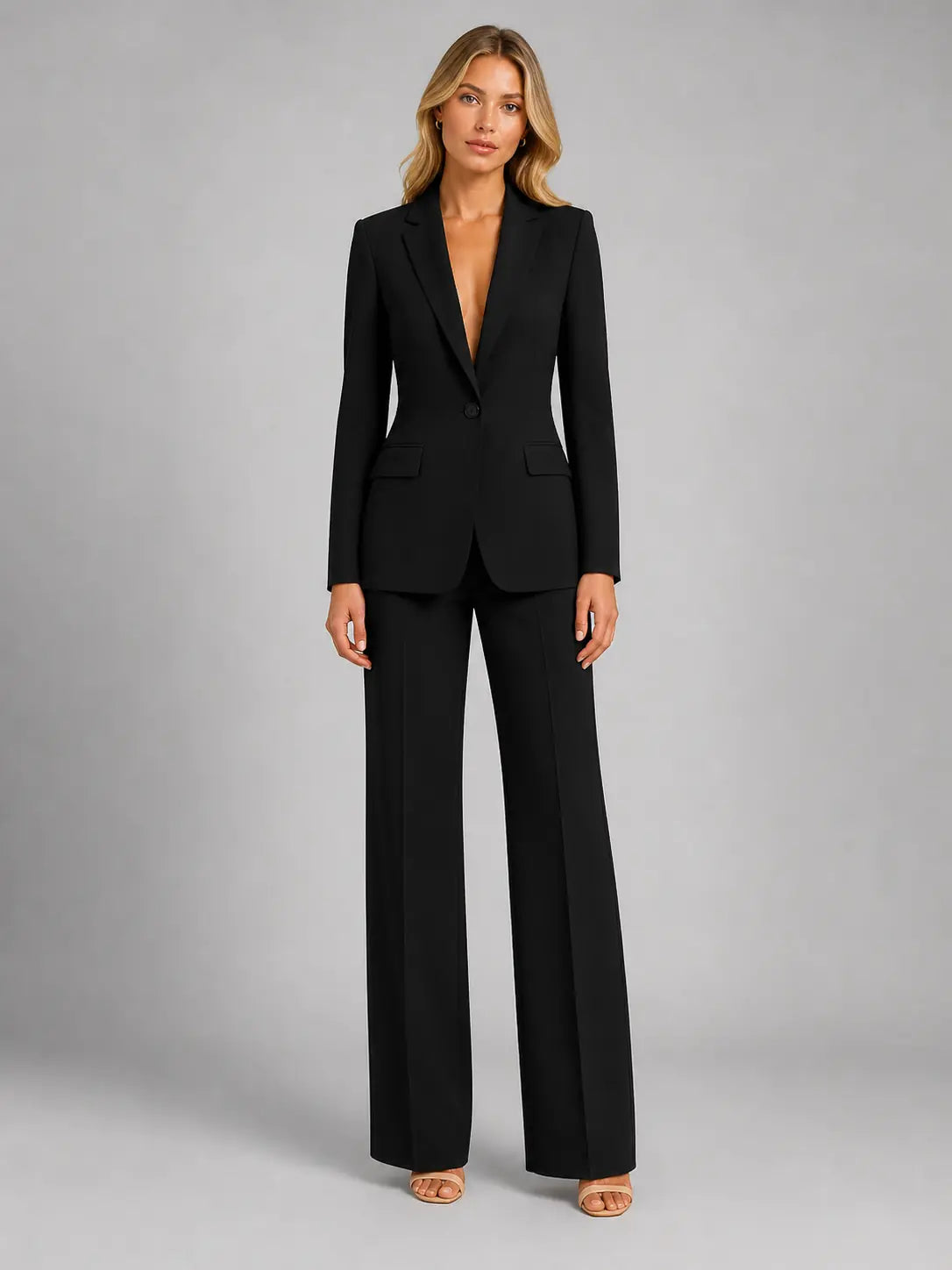 Harlow Tailleur Blazer Ajusté et Pantalon Large, Style Habillé pour Femme - Noir