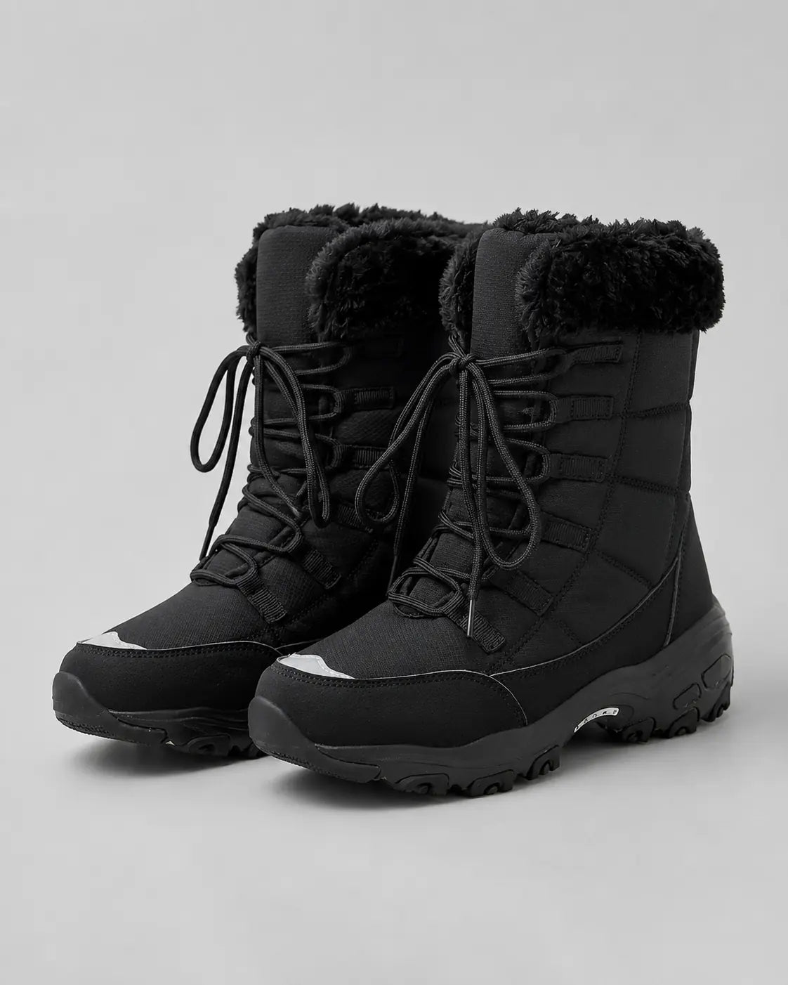 Marceau Bottes de Neige Matelassées à Lacets, Col Fausse Fourrure, Semelle Épaisse pour Femme - Noir