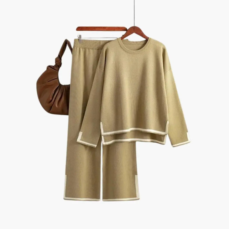 Delphine Ensemble Deux Pièces en Maille Douce et Confortable pour Femme - Kaki