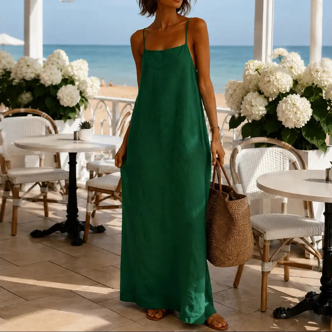 Marelle Robe Maxi Fluide Effet Lin pour Femme - Émeraude