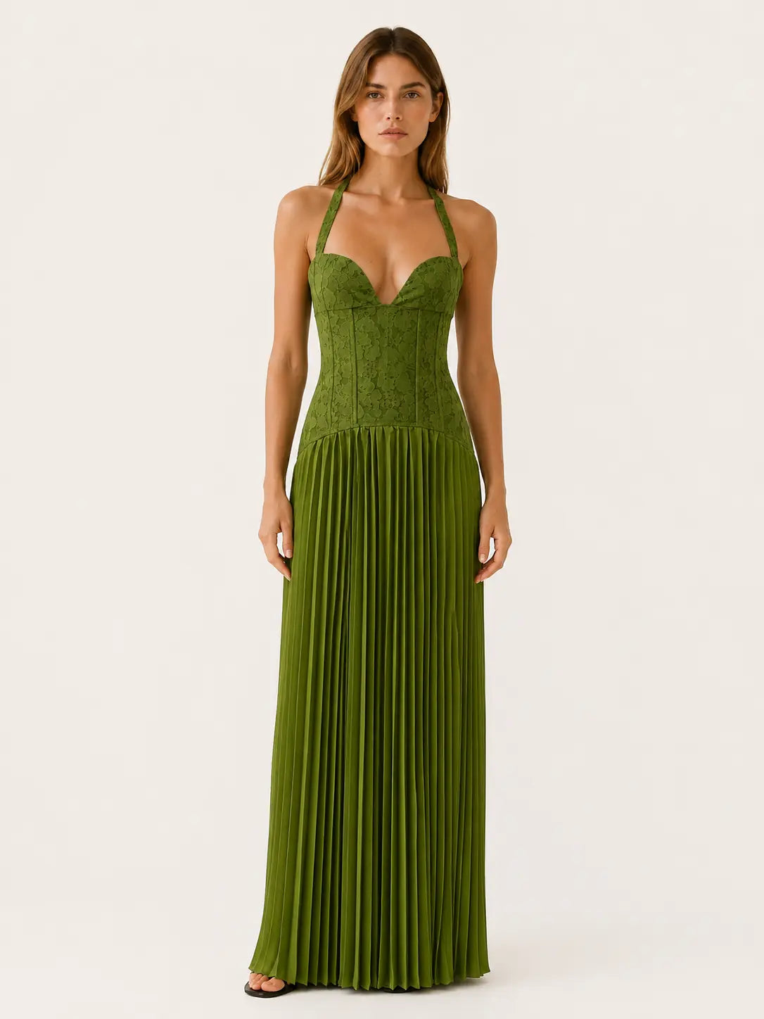 Amara Robe Maxi Buste en Dentelle, Col Halter, Jupe Plissée, Décolleté Cœur pour Femme - Vert