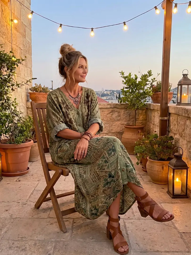 Elodine Robe Midi Bohème Brodée à Poches, Coupe Décontractée, Vert pour Femme - Vert