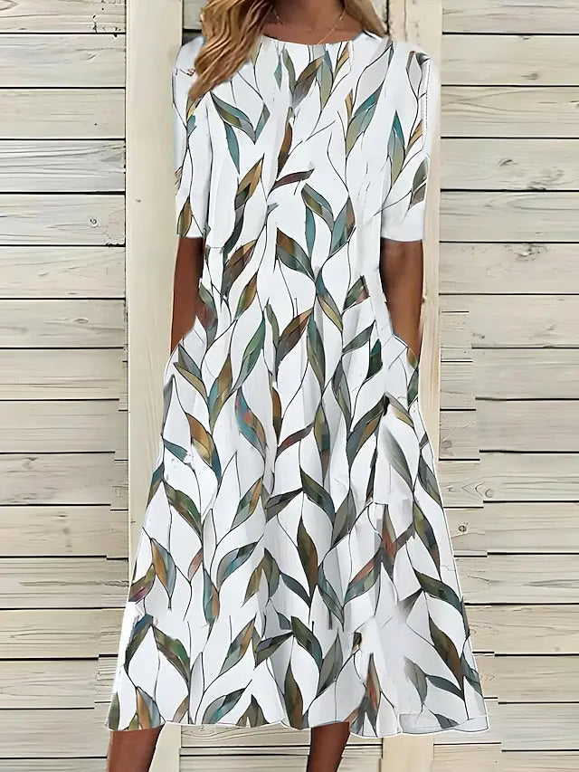 Verlaine Robe Midi Fleurie, Col Rond, Manches Courtes pour Femme - Vert