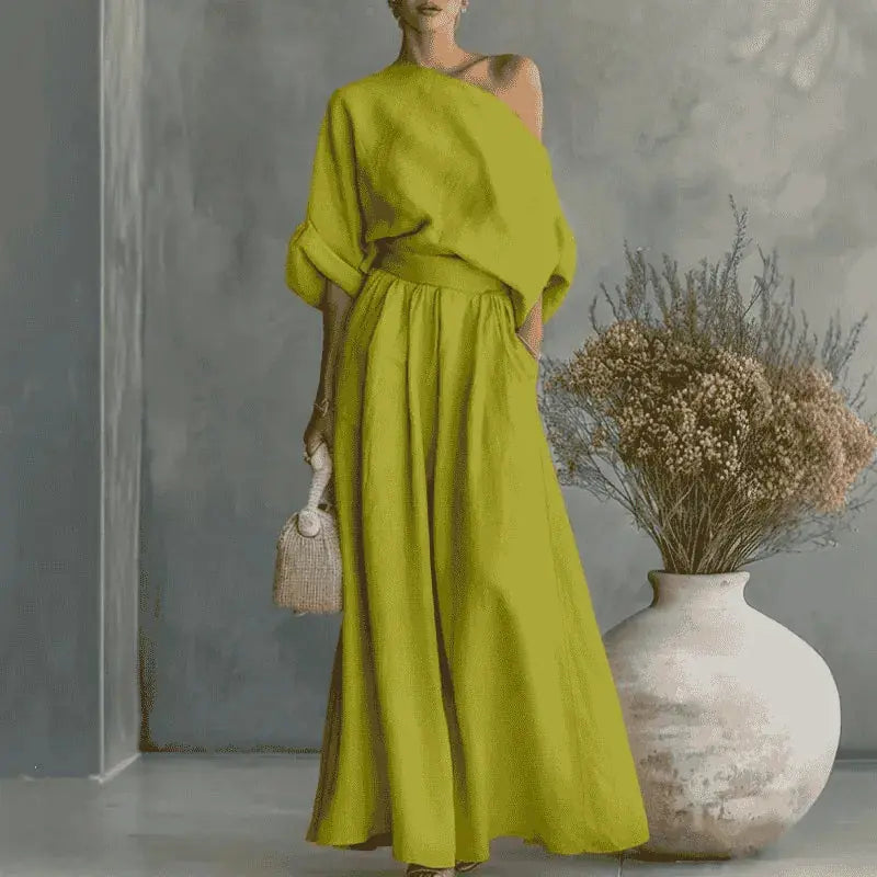 Solendra Ensemble Coordonné Haut Asymétrique et Pantalon Large Fluide pour Femme - Vert Citron