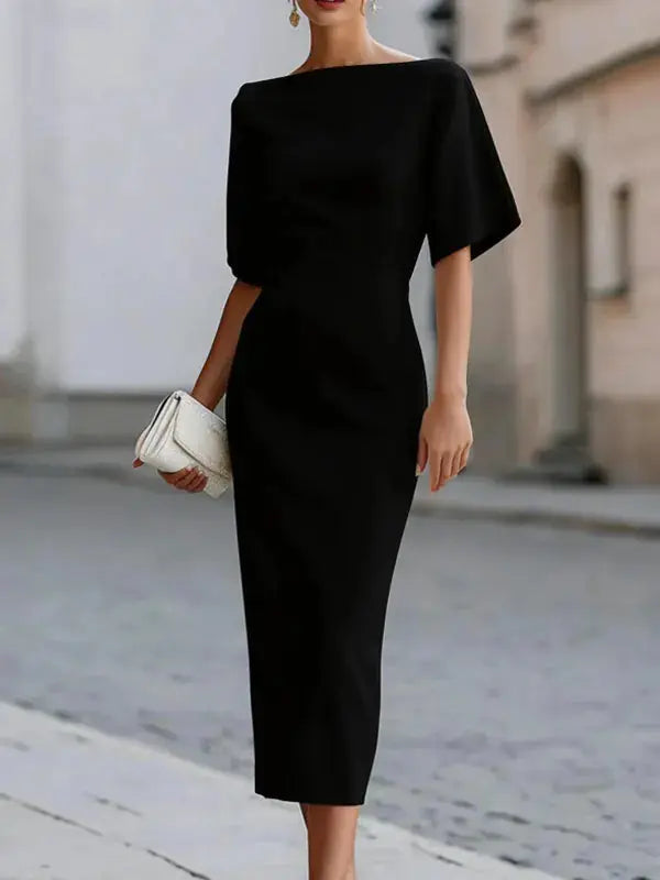 Ambretta Robe Midi Ajustée, Col Bateau, Manches à Volants pour Femme - Noir