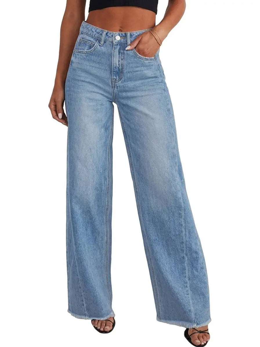 Seraphine Jean Large Taille Haute, Denim Stretch, Coupe Décontractée pour Femme - Bleu Clair