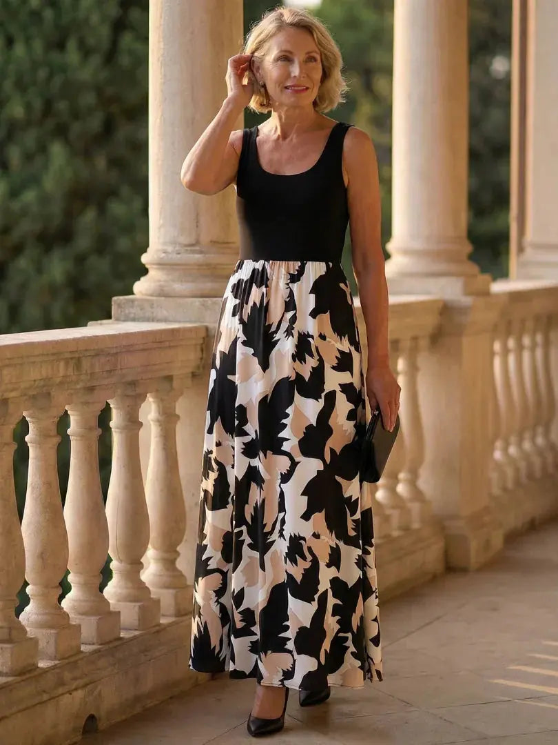 Elara Robe Maxi Sans Manches, Jupe Fluide Imprimée pour Femme - Noir