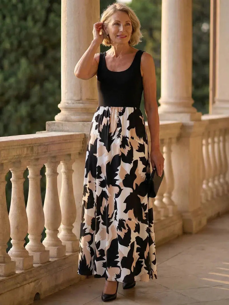 Elara Robe Maxi Sans Manches, Jupe Fluide Imprimée pour Femme - Noir