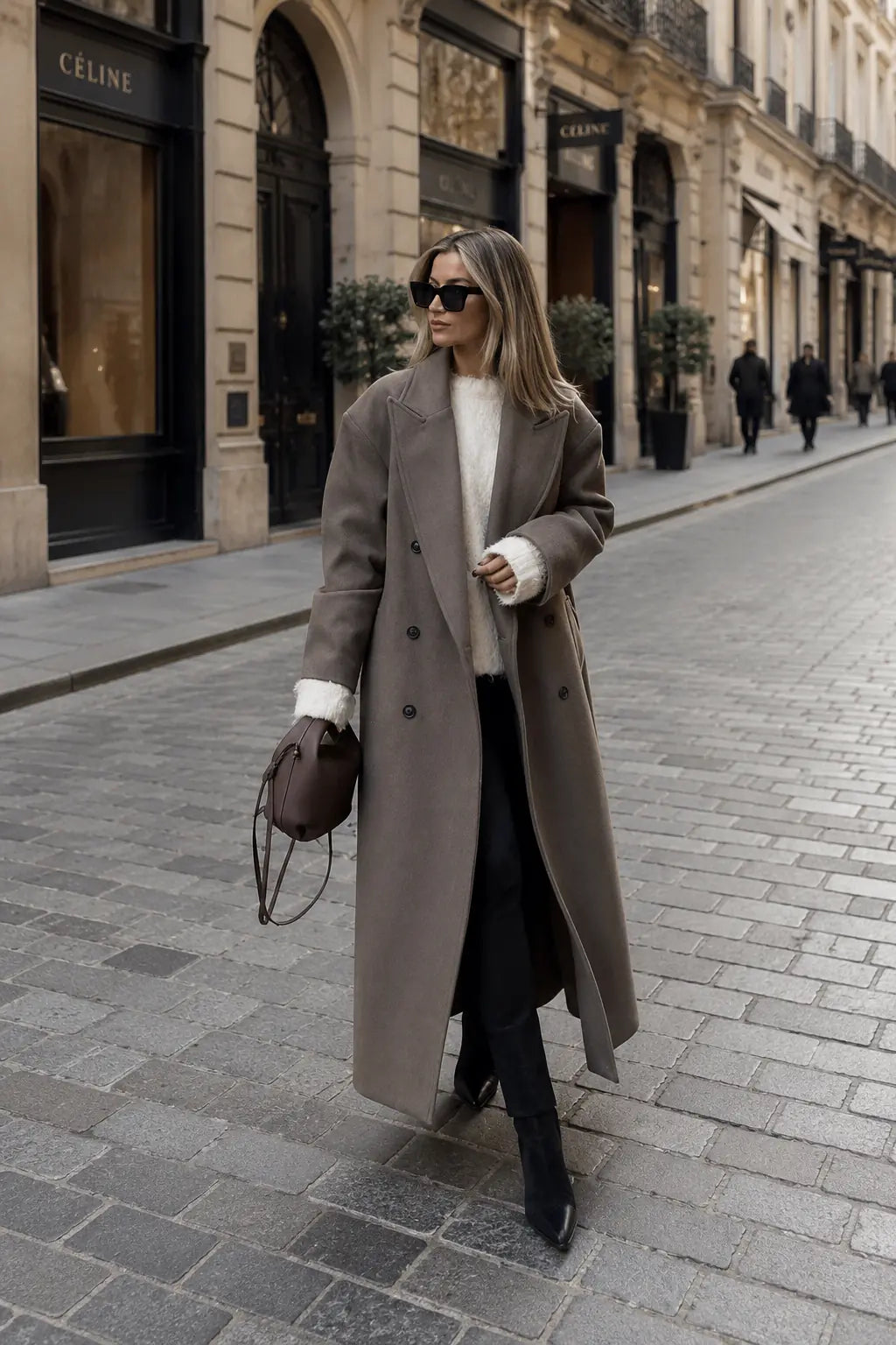 Charter Manteau Maxi en Laine, Col à Revers, Croisé, Manches Longues pour Femme - Marron