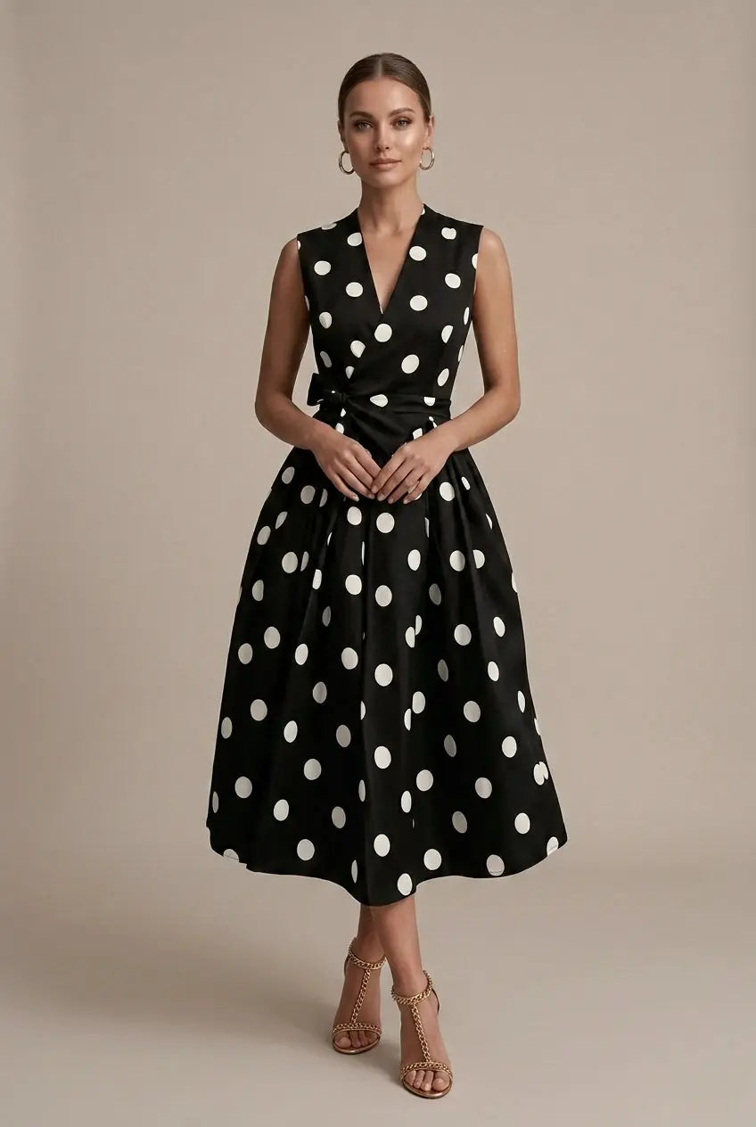 Marisin Robe Midi à Pois, Élégante, Sans Manches, Style Cocktail d'Été pour Femme - Noir