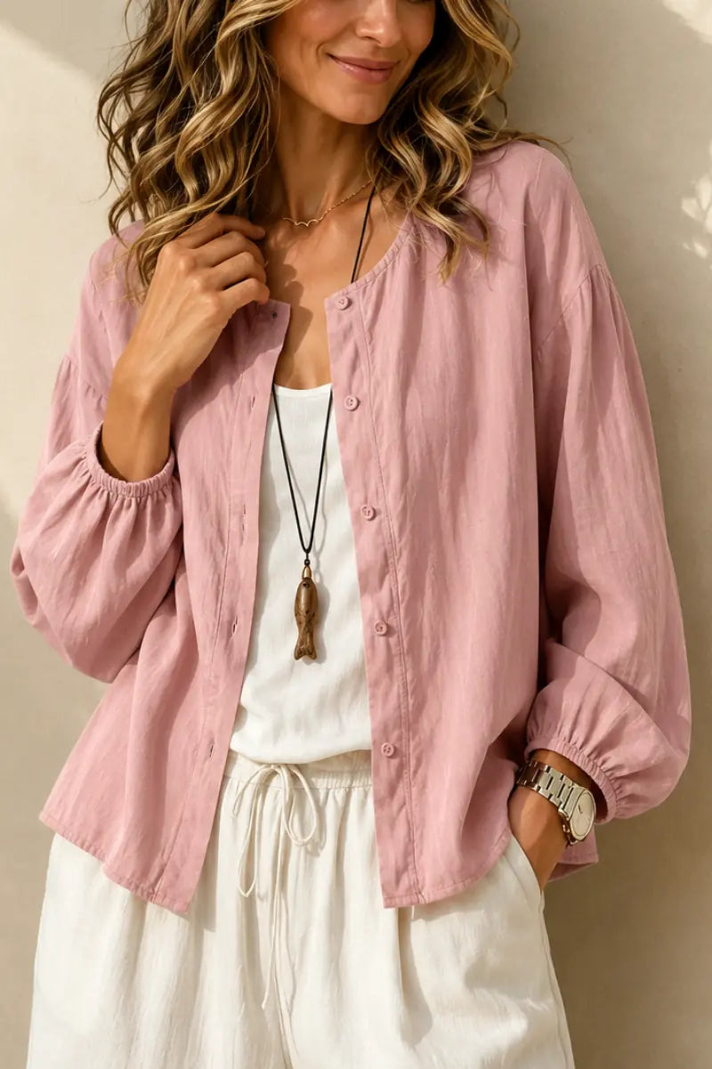 Dorielle Chemise Col Rond Boutonnée, Manches Longues pour Femme - Rose