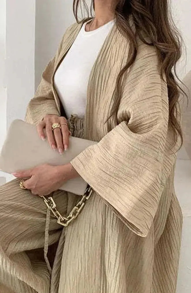 Elowen Ensemble Deux Pièces Kimono Plissé et Pantalon Large pour Femme - Kaki