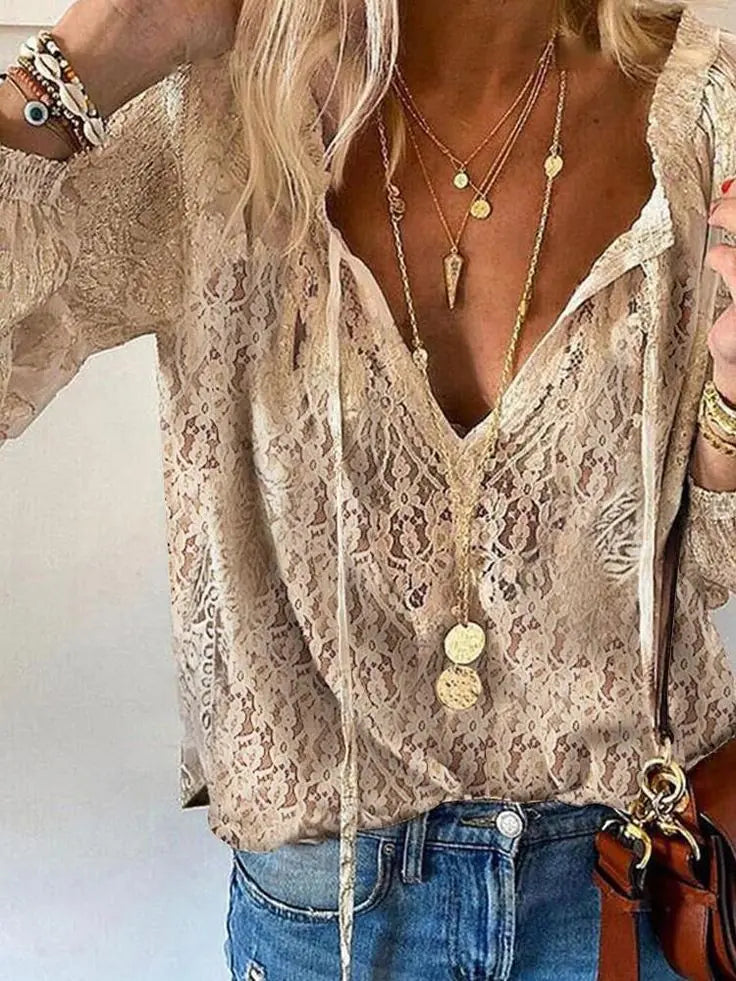Verda Blouse Bohème en Dentelle, Manches Longues pour Femme - Kaki