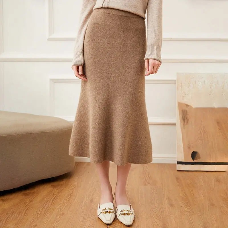 Marcelline Jupe Midi Évasée en Maille de Cachemire pour Femme - Taupe