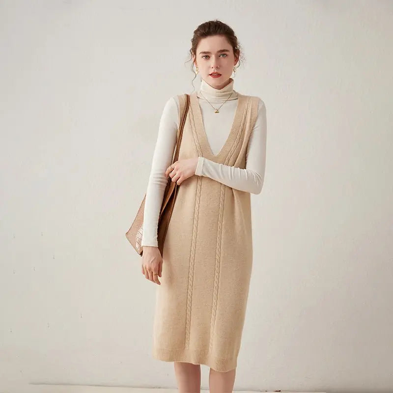 Genevra Robe Midi en Cachemire, Col en V, Maille Torsadée, Sans Manches pour Femme - Beige