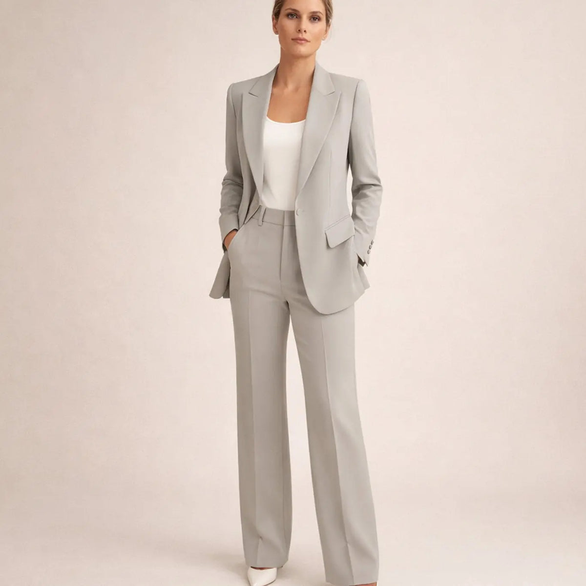 Palma Ensemble Blazer à Bouton Unique et Pantalon Large Évasé pour Femme - Gris