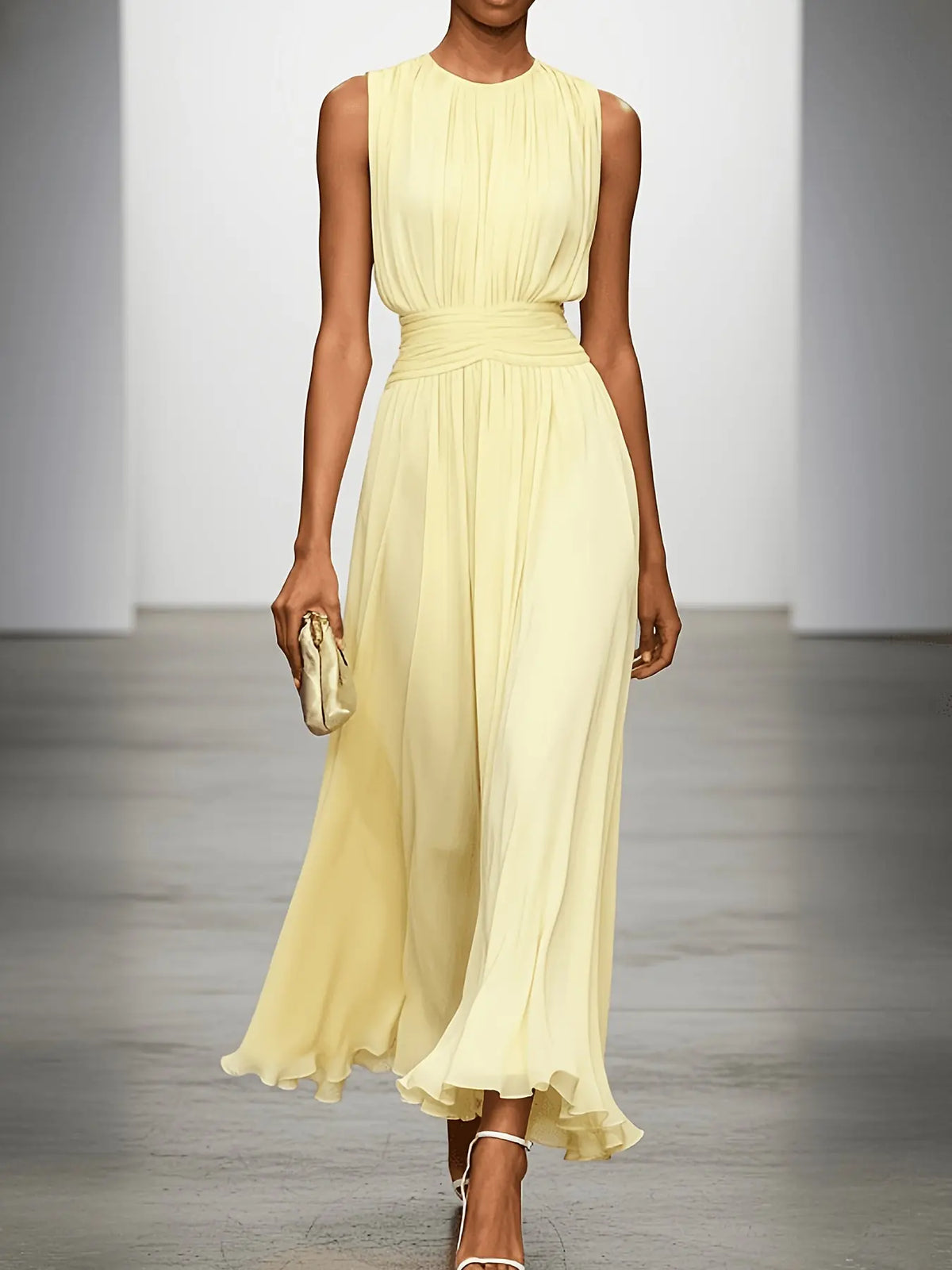 Arabella Robe Maxi Plissée Invitée de Mariage, Taille Froncée pour Femme - Jaune