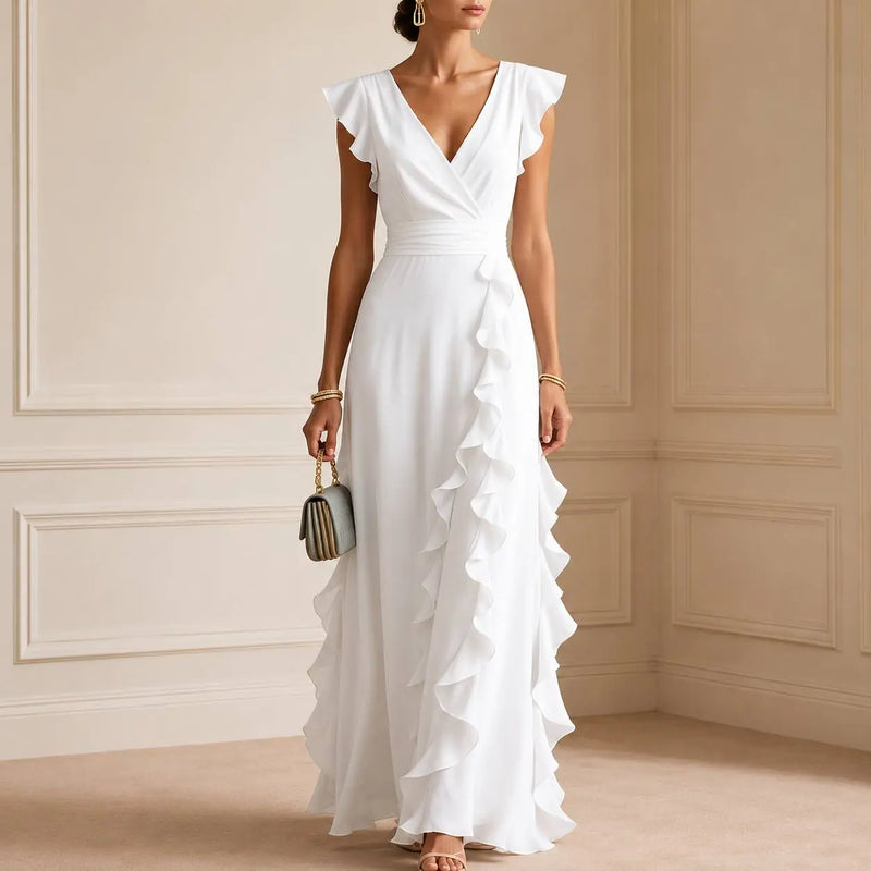 Marchen Robe Maxi Élégante à Volants pour Femme - Blanc