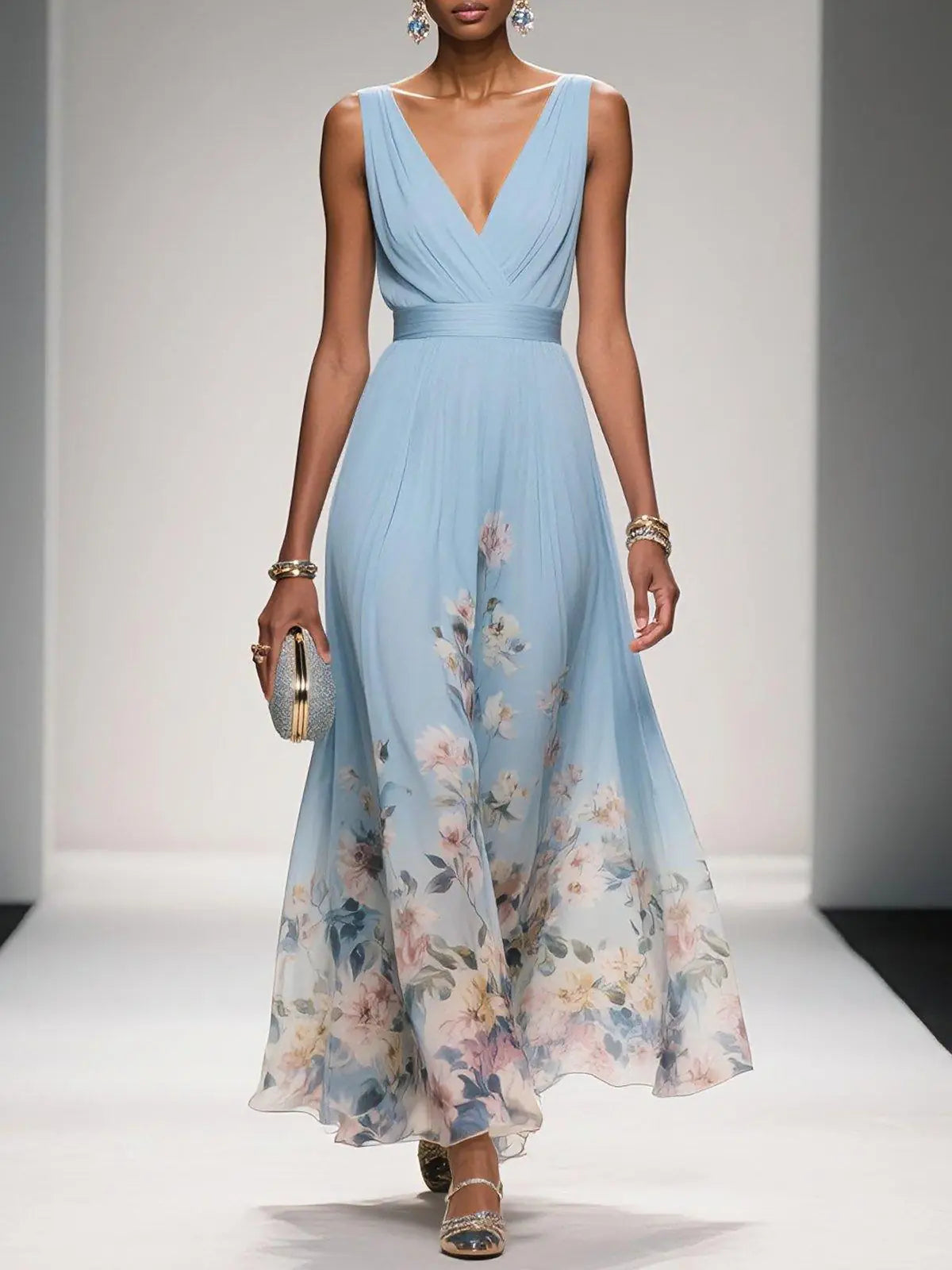 Camille Robe Maxi Fleurie Col en V, Élégante Invitée de Mariage pour Femme - Bleu Clair