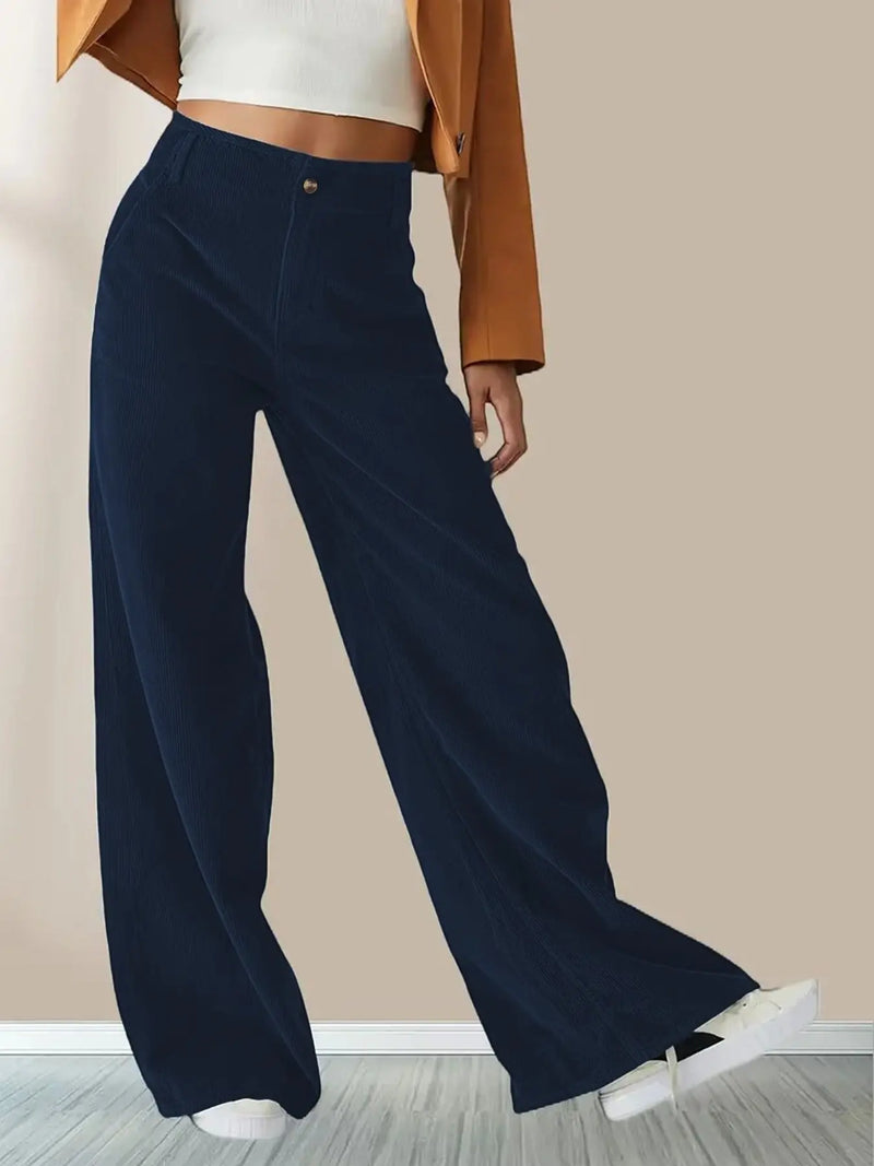 Bronwyn Pantalon en Velours Côtelé, Taille Haute et Jambe Large pour Femme - Bleu