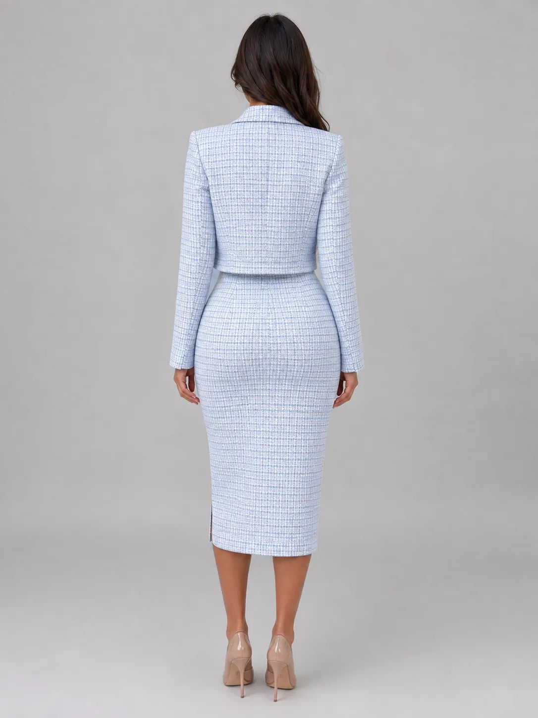 Lior Ensemble Deux Pièces Robe Midi en Tweed et Blazer Court pour Femme - Bleu Clair