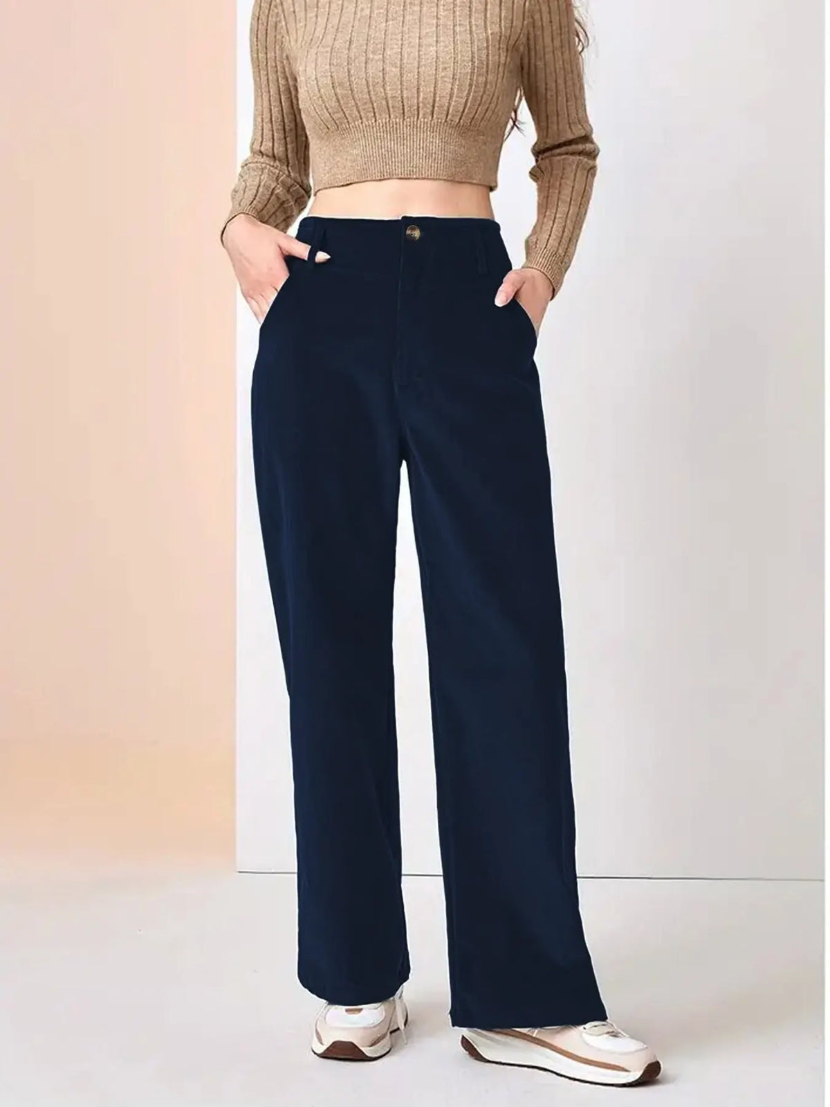 Bronwyn Pantalon en Velours Côtelé, Taille Haute et Jambe Large pour Femme - Bleu