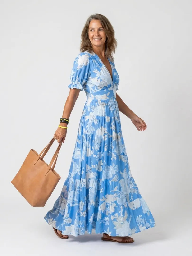 Adelisse Robe Maxi Plissée à Imprimé Fleuri pour Femme - Bleu