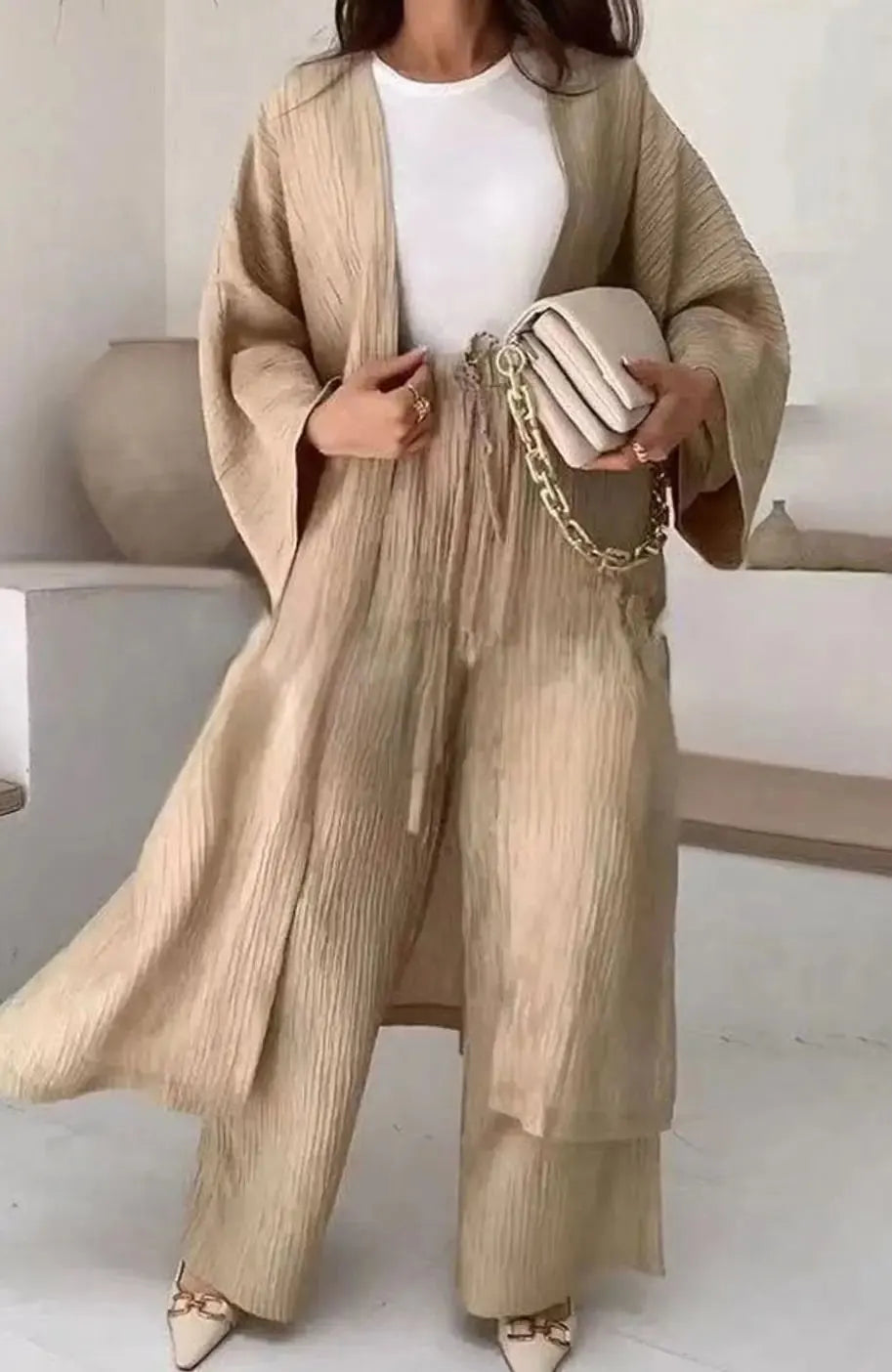 Elowen Ensemble Deux Pièces Kimono Plissé et Pantalon Large pour Femme - Kaki