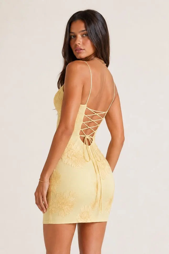 Anouk Robe Mini Bustier à Baleines et Fleurs 3D pour Femme - Jaune Clair