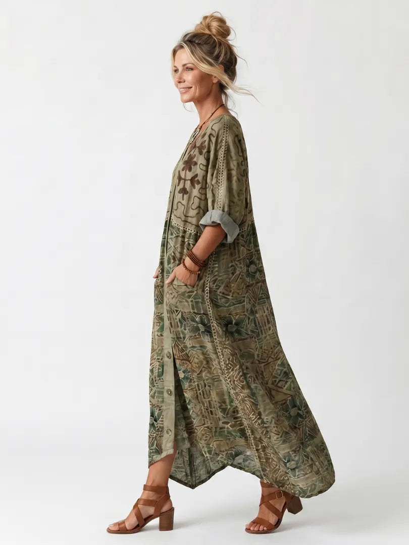 Elodine Robe Midi Bohème Brodée à Poches, Coupe Décontractée, Vert pour Femme - Vert