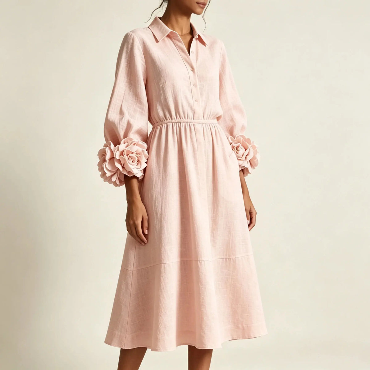 Marielle Robe Midi Fleurie à Manchettes pour Femme - Rose