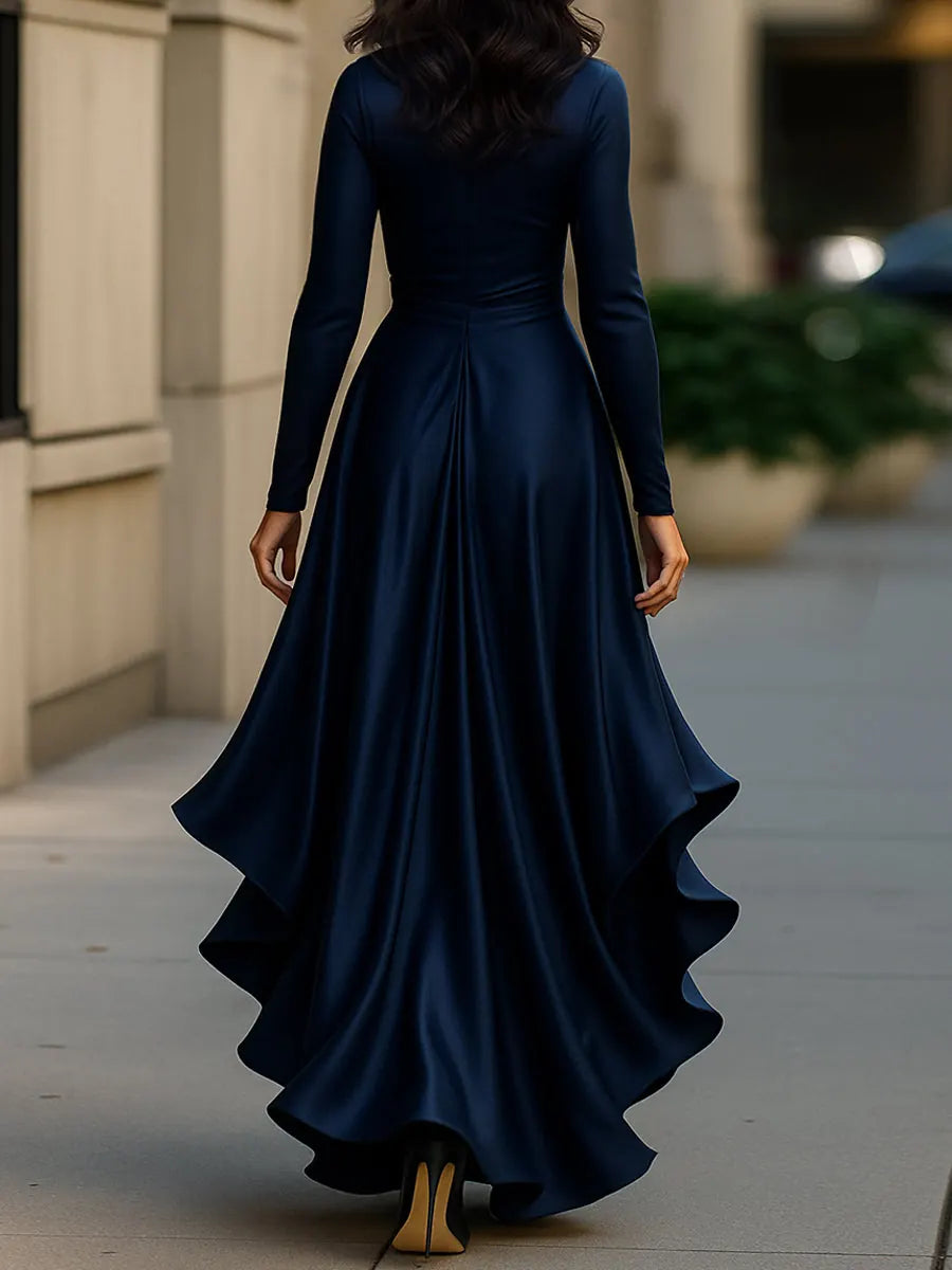 Mirabelle Robe Maxi en Satin Plissée, Détails à Volants pour Femme - Bleu Marine
