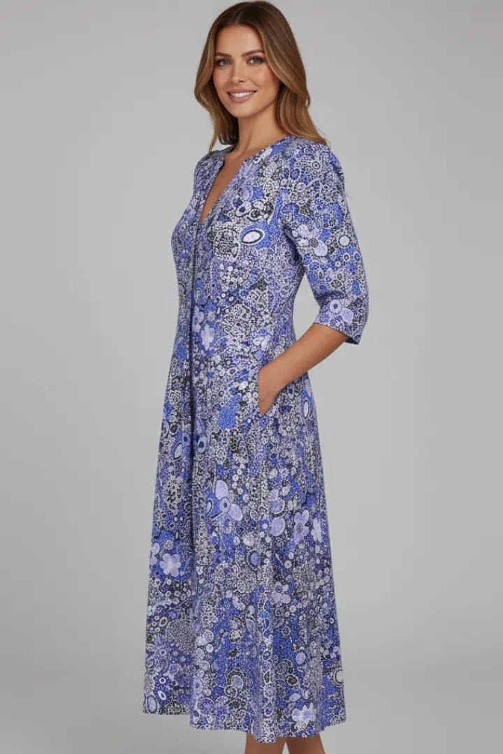 Maren Robe Midi Col en V, Manches Trois-Quarts, Imprimé Intégral pour Femme - Bleu