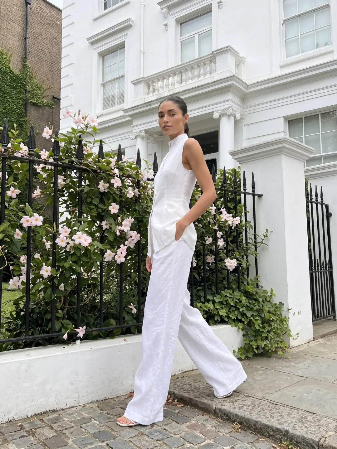 Grace Ensemble Pantalon Large en Lin pour Femme - Blanc