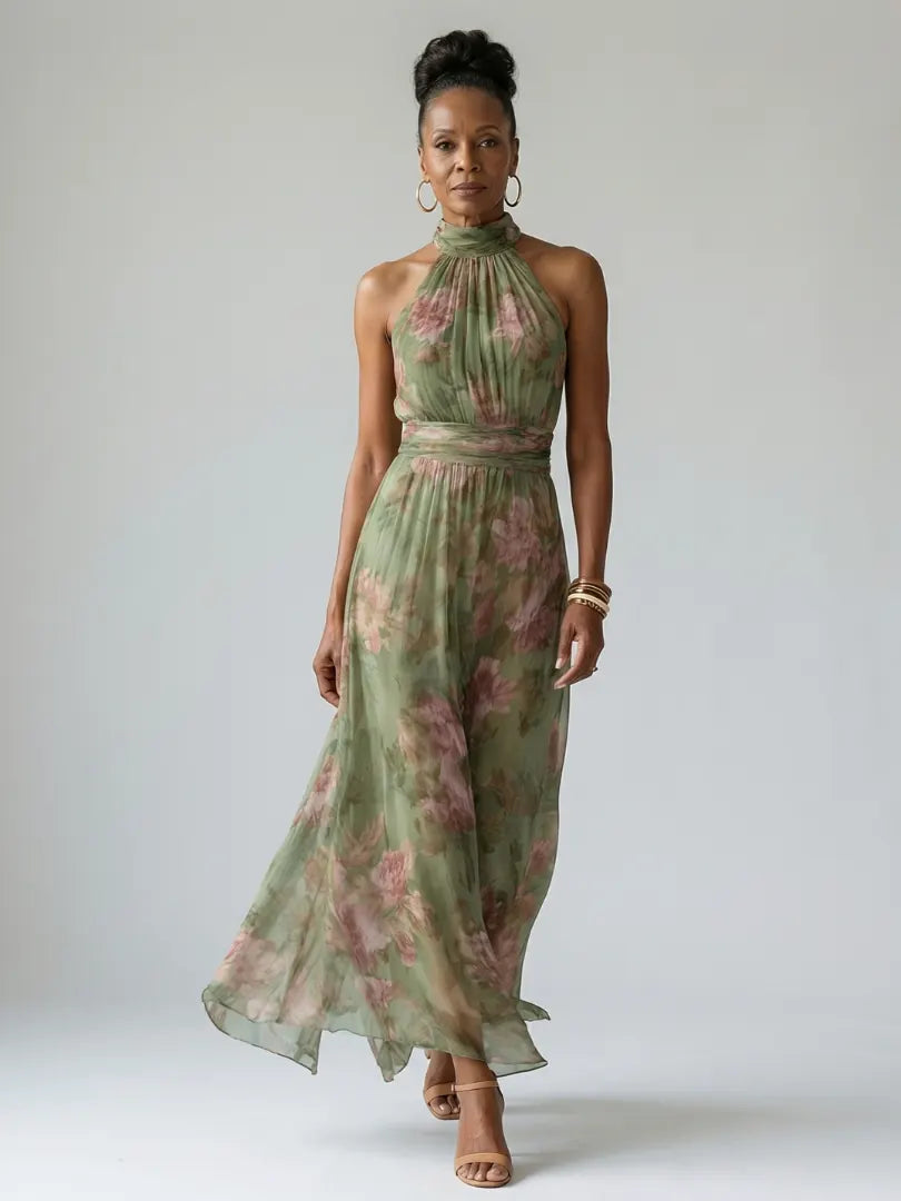 Taliesin Robe Midi Col Halter Fleurie, Style Garden Party d'Été pour Femme - Vert Sauge