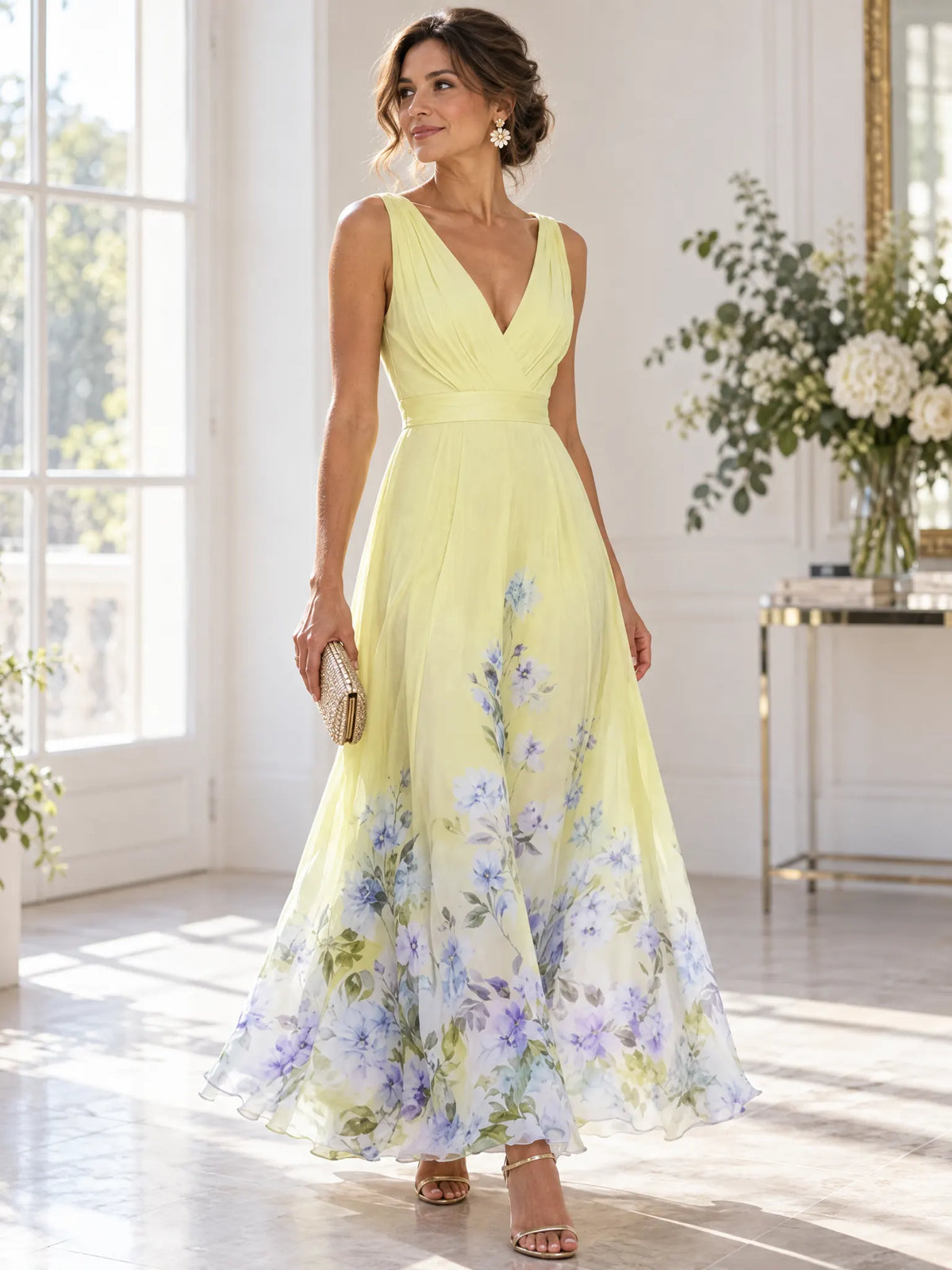 Camille Robe Maxi Fleurie Col en V, Élégante Invitée de Mariage pour Femme - Jaune