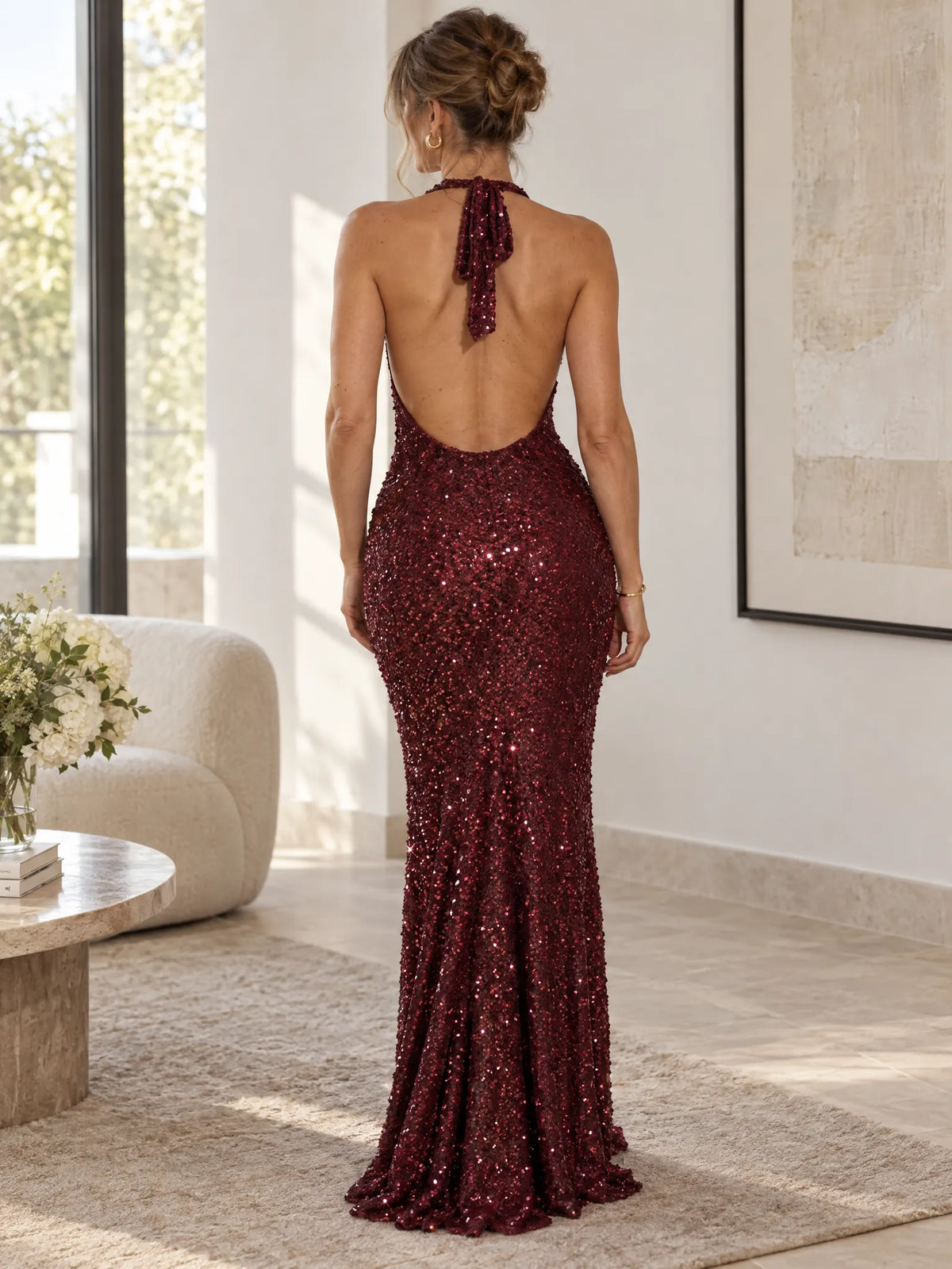 Clemence Robe de Soirée Maxi à Sequins, Col Halter, Dos Ouvert pour Femme - Rouge Vin