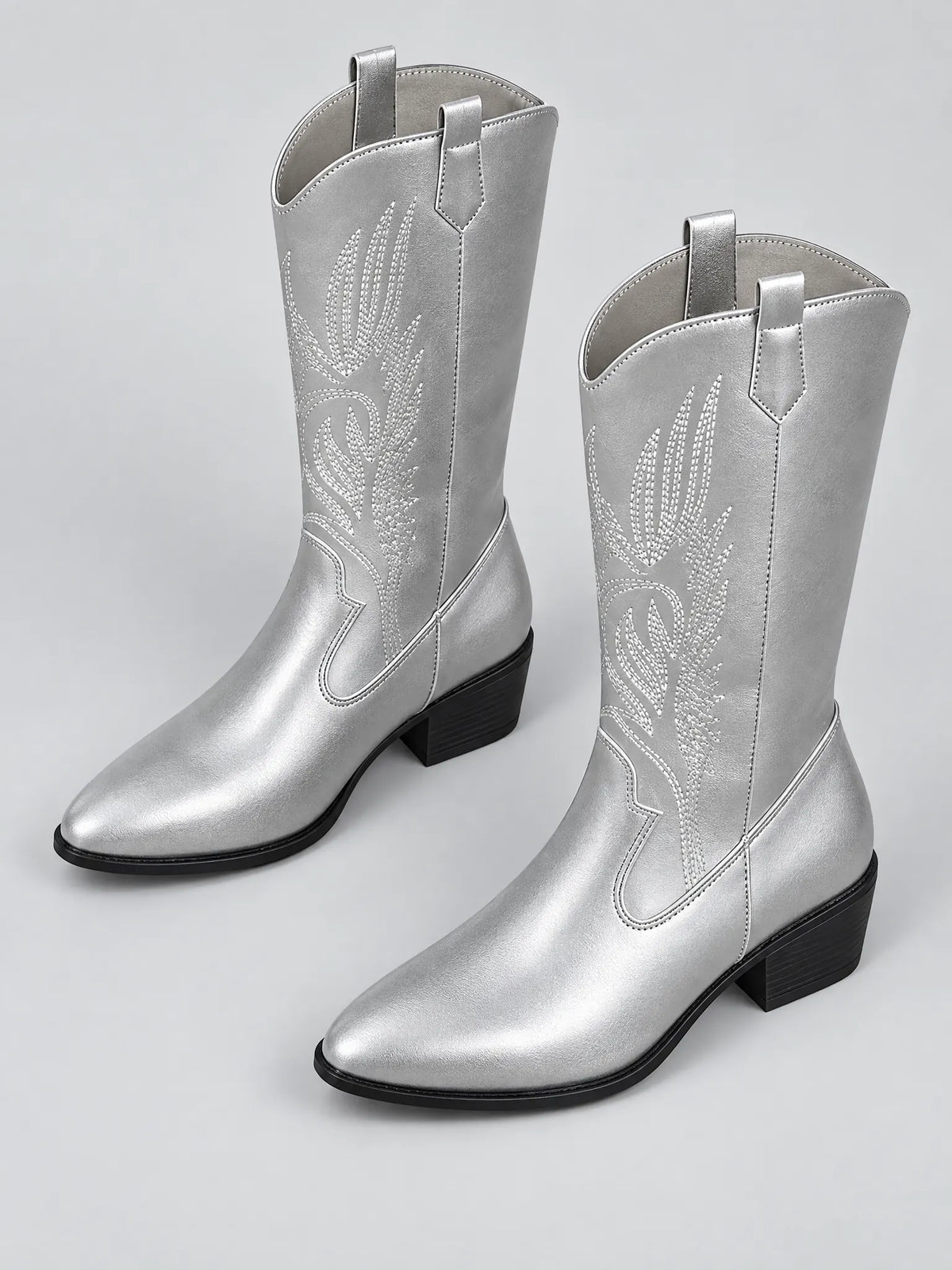 Gaya Bottes Western Mi-Mollet Brodées Métallisées, Talon Carré pour Femme - Gris Clair
