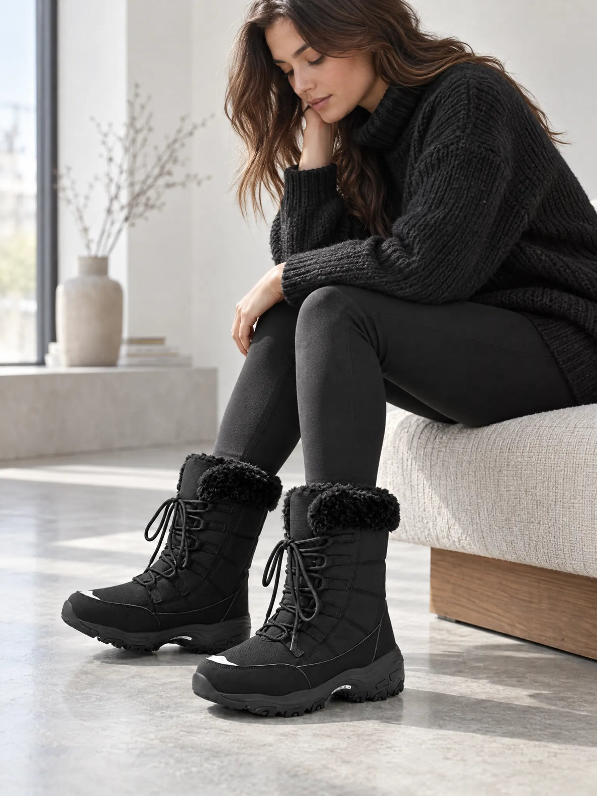 Marceau Bottes de Neige Matelassées à Lacets, Col Fausse Fourrure, Semelle Épaisse pour Femme - Noir