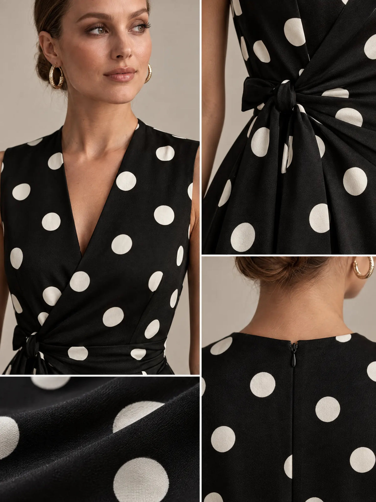 Marisin Robe Midi à Pois, Élégante, Sans Manches, Style Cocktail d'Été pour Femme - Noir