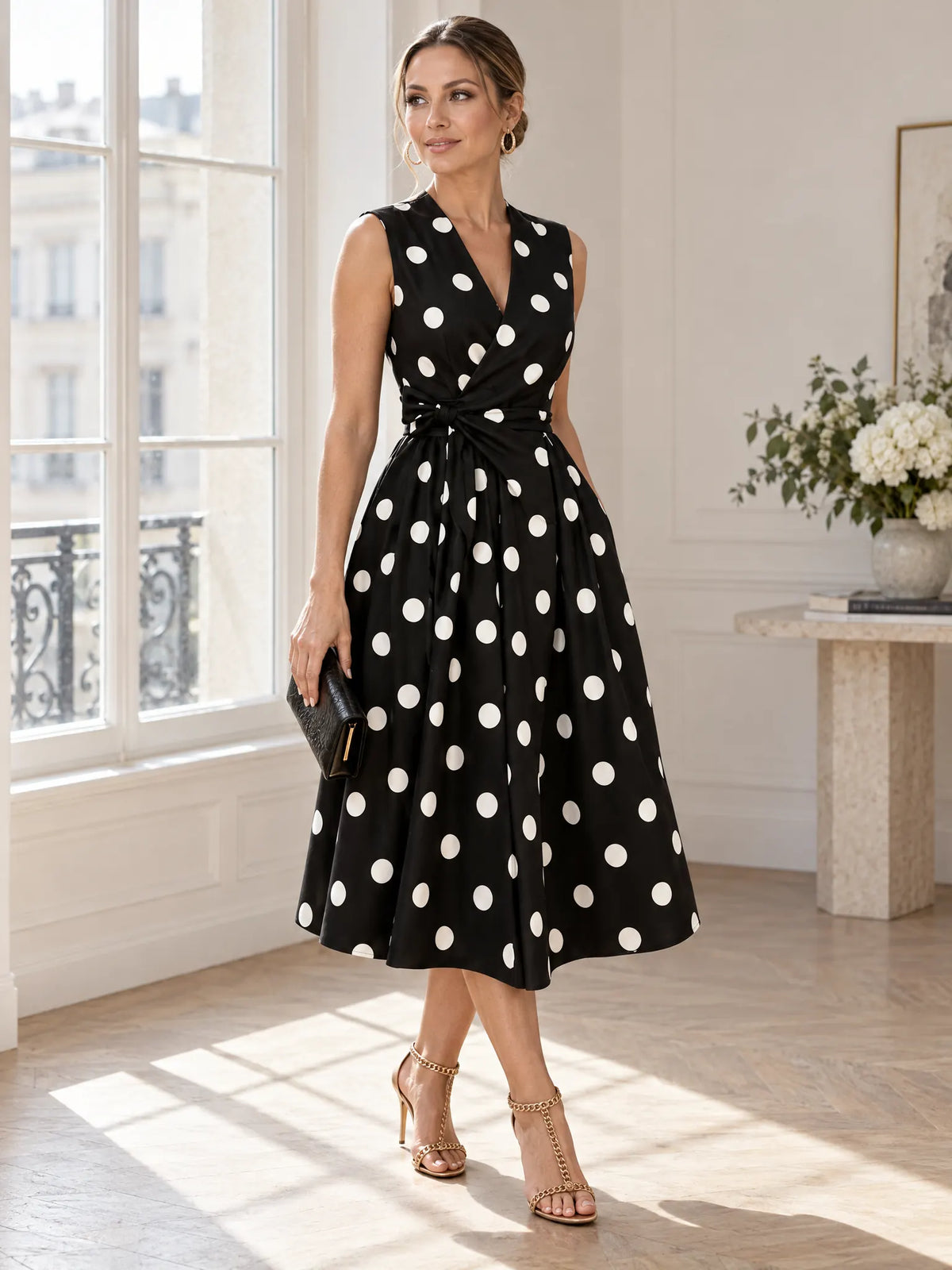Marisin Robe Midi à Pois, Élégante, Sans Manches, Style Cocktail d'Été pour Femme - Noir