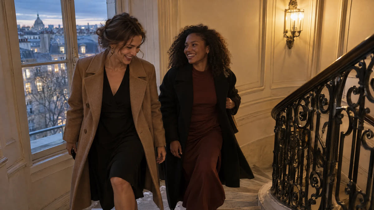Deux amies dans l'escalier d'un immeuble parisien, un soir d'hiver