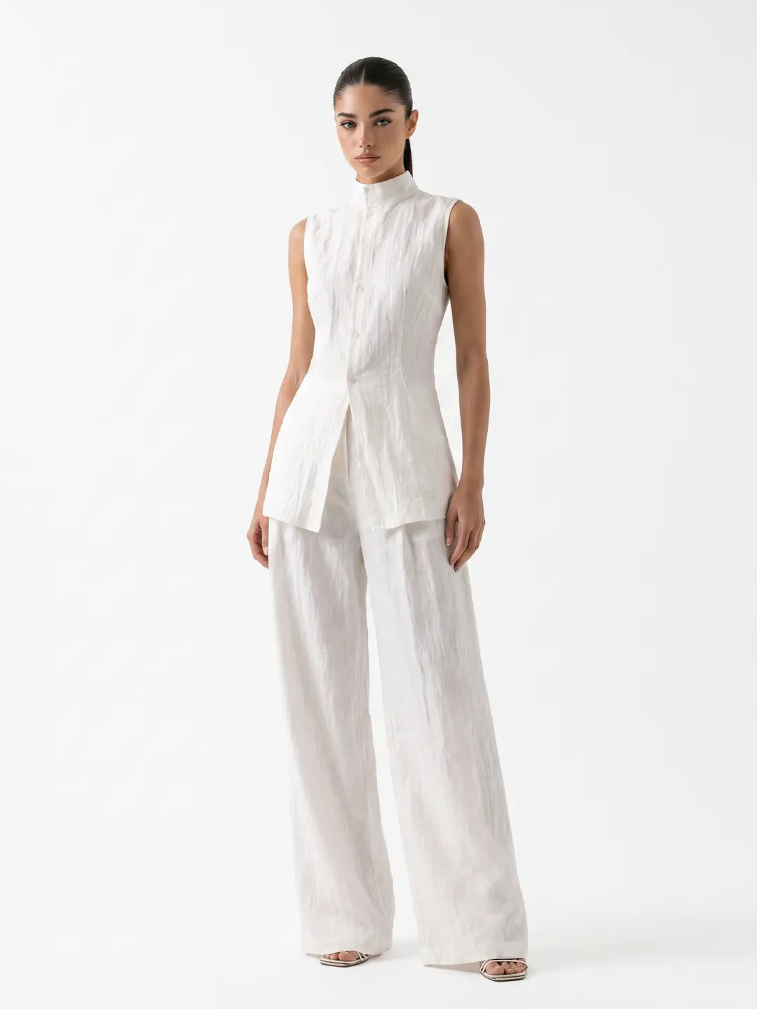 Grace Ensemble Pantalon Large en Lin pour Femme - Blanc