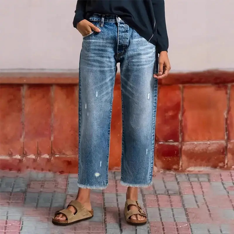 Winnifred Jean Court Droit Rétro, Denim Stretch Doux et Confortable pour Femme - Bleu Classique