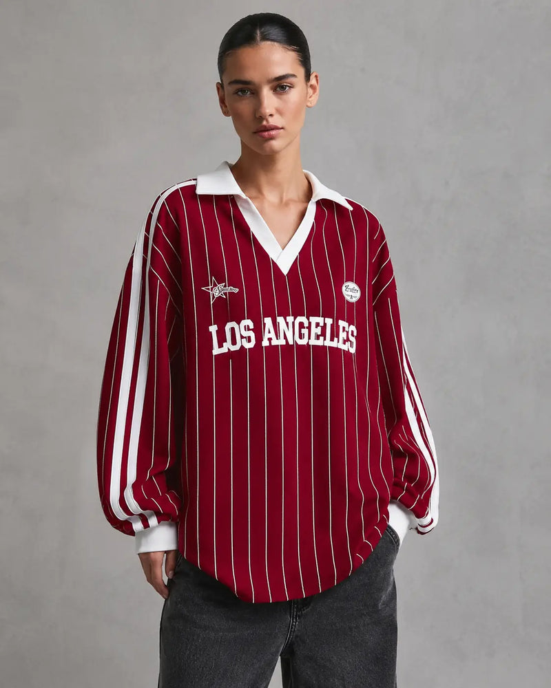 Aveline Sweat Universitaire à Fines Rayures, Coupe Streetwear pour Femme - Rouge