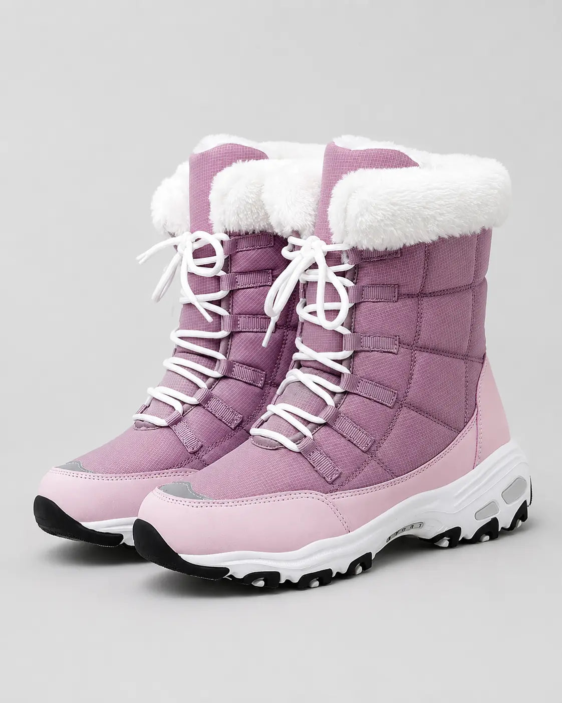 Marceau Bottes de Neige Matelassées à Lacets, Col Fausse Fourrure, Semelle Épaisse pour Femme - Rose