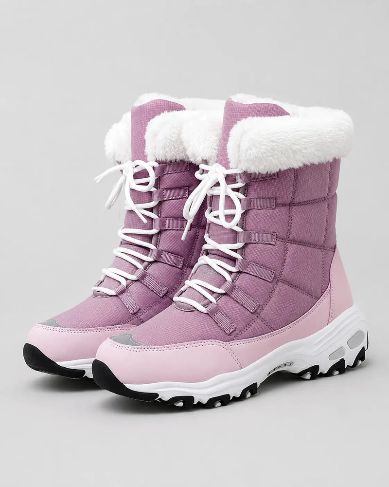 Marceau Bottes de Neige Matelassées à Lacets, Col Fausse Fourrure, Semelle Épaisse pour Femme - Rose