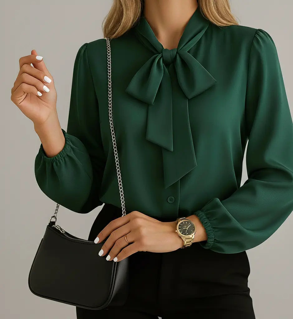 Verona Blouse à Col Noué, Manches Longues pour Femme - Vert